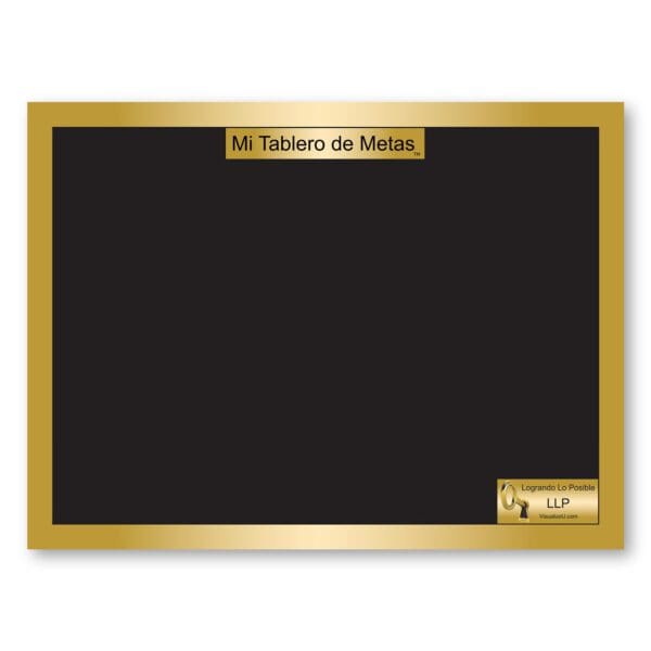 A black board with gold trim and a name plate.
