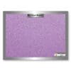 A purple bulletin board with silver frame and a name tag.