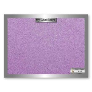 A purple bulletin board with silver frame and a name tag.