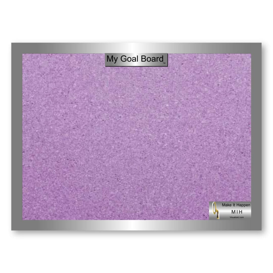 A purple bulletin board with silver frame and a name tag.