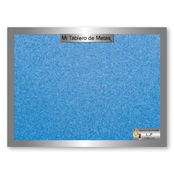 A blue bulletin board with metal frame and silver trim.