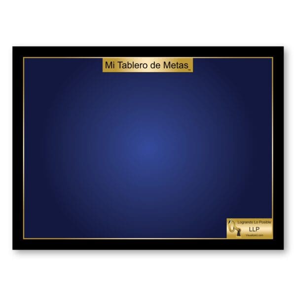 A blue and black background with gold trim.