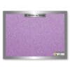 A purple bulletin board with metal frame and name tag.