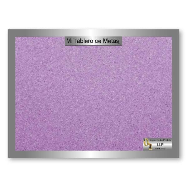 A purple bulletin board with metal frame and name tag.