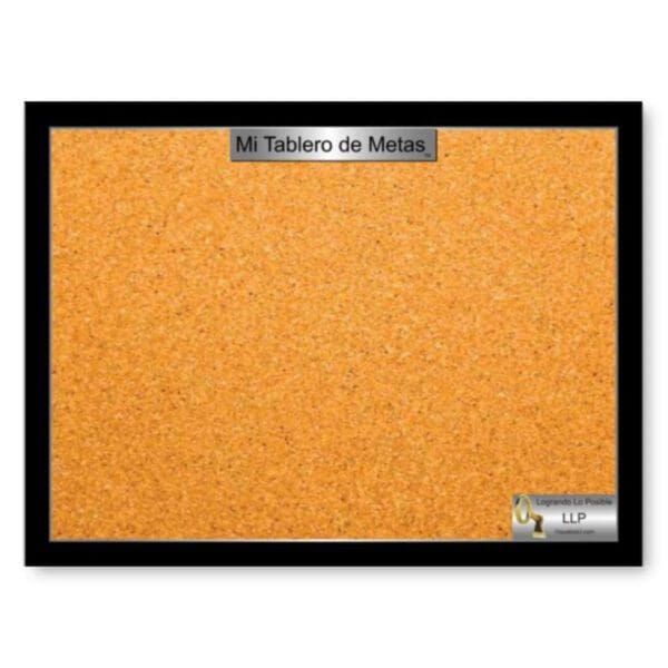 A bulletin board with orange paper and black frame.