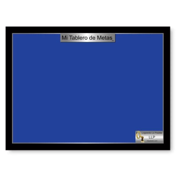 A presentation slide framed in black, titled "mi tablero de metas" in white text, featuring a large blue central area and a small logo in the bottom right corner.