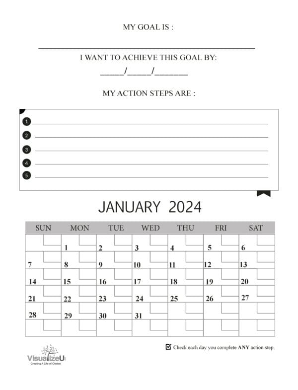 A My Manifestation Planner with sections for writing a goal and actions, atop a calendar for January 2024. Includes a VisualizeU logo and checklist icons.