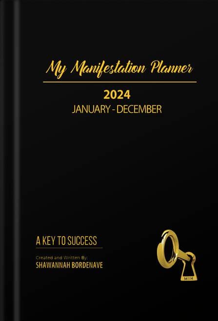 A black and gold cover of the 2 0 2 4 manifestation planner.