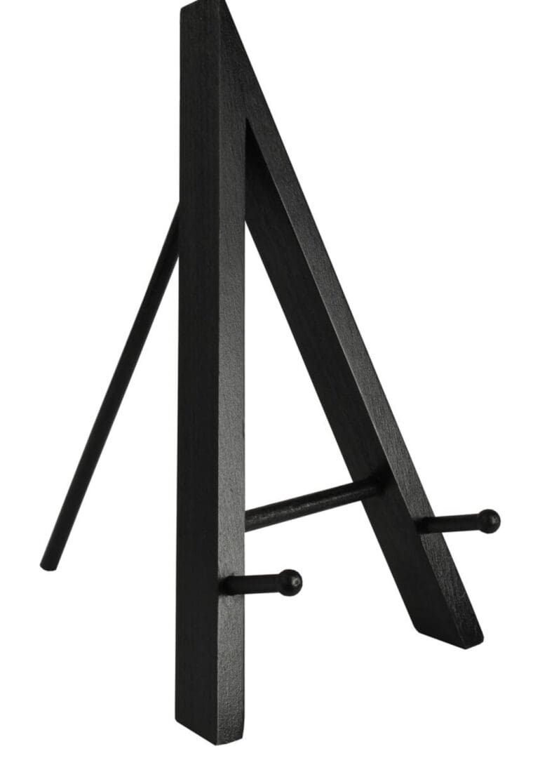 A black wooden easel with two supporting horizontal rods, displayed against a white background.