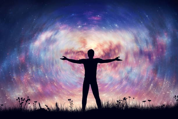 Silhouette embracing colorful cosmic sky background.
